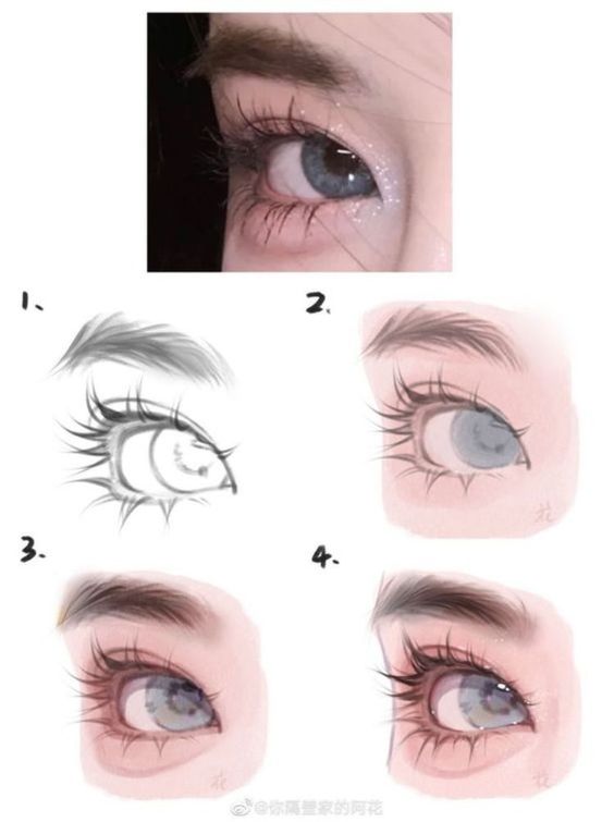 the image is a fourstep tutorial on how to draw a realistic eye. it starts with a basic line drawing of the eye and progresses to a fully rendered digital painting. each step of the tutorial shows the addition of details and shading. the tutorial is set against a white background.