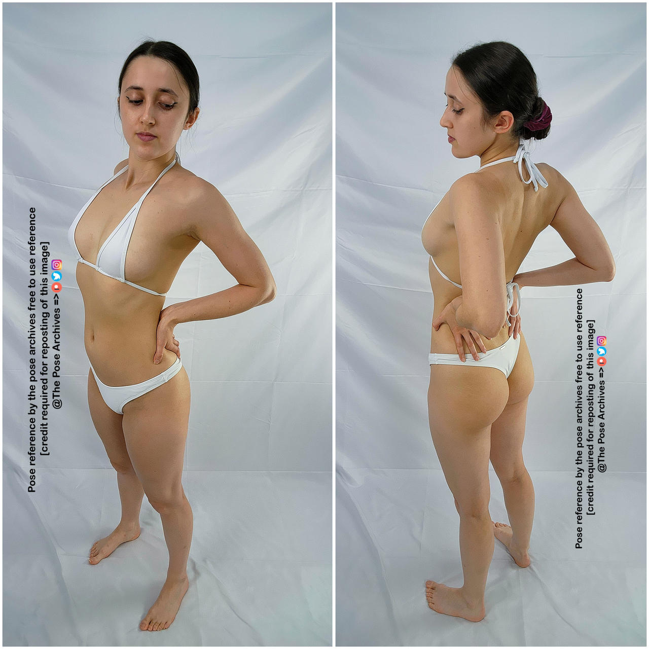 the image features a young woman with her hair tied back, wearing a white bikini. she is standing against a plain white background and is positioned in two different poses  a threequarter view with her hand on her hip, and a side view with her hand resting on her lower back. the soft lighting and neutral background emphasize the model's form and the poses, making it ideal for use as a reference for artists.