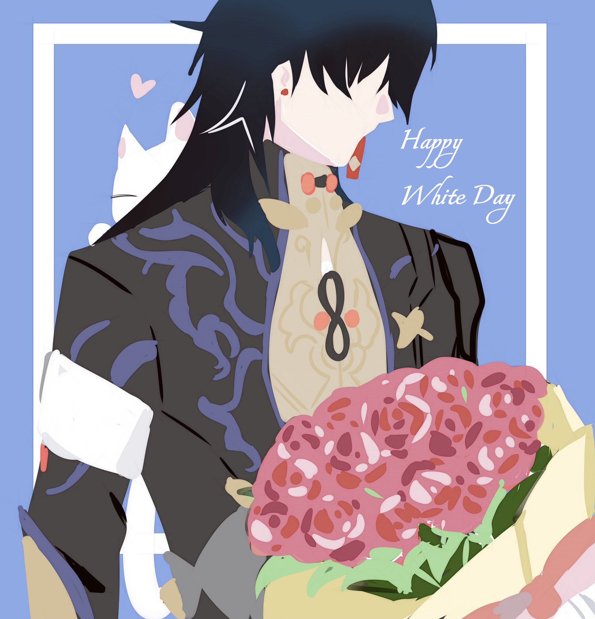 this is a cute anime illustration of a man giving flowers to a cat on white day. the man is handsome and dressed in a stylish outfit. he's holding a large bouquet of pink roses and has a soft smile on his face. there are hearts around him as well. the cat is white and sits next to the man. the background is blue. this is a beautiful illustration that captures the romantic spirit of white day.
