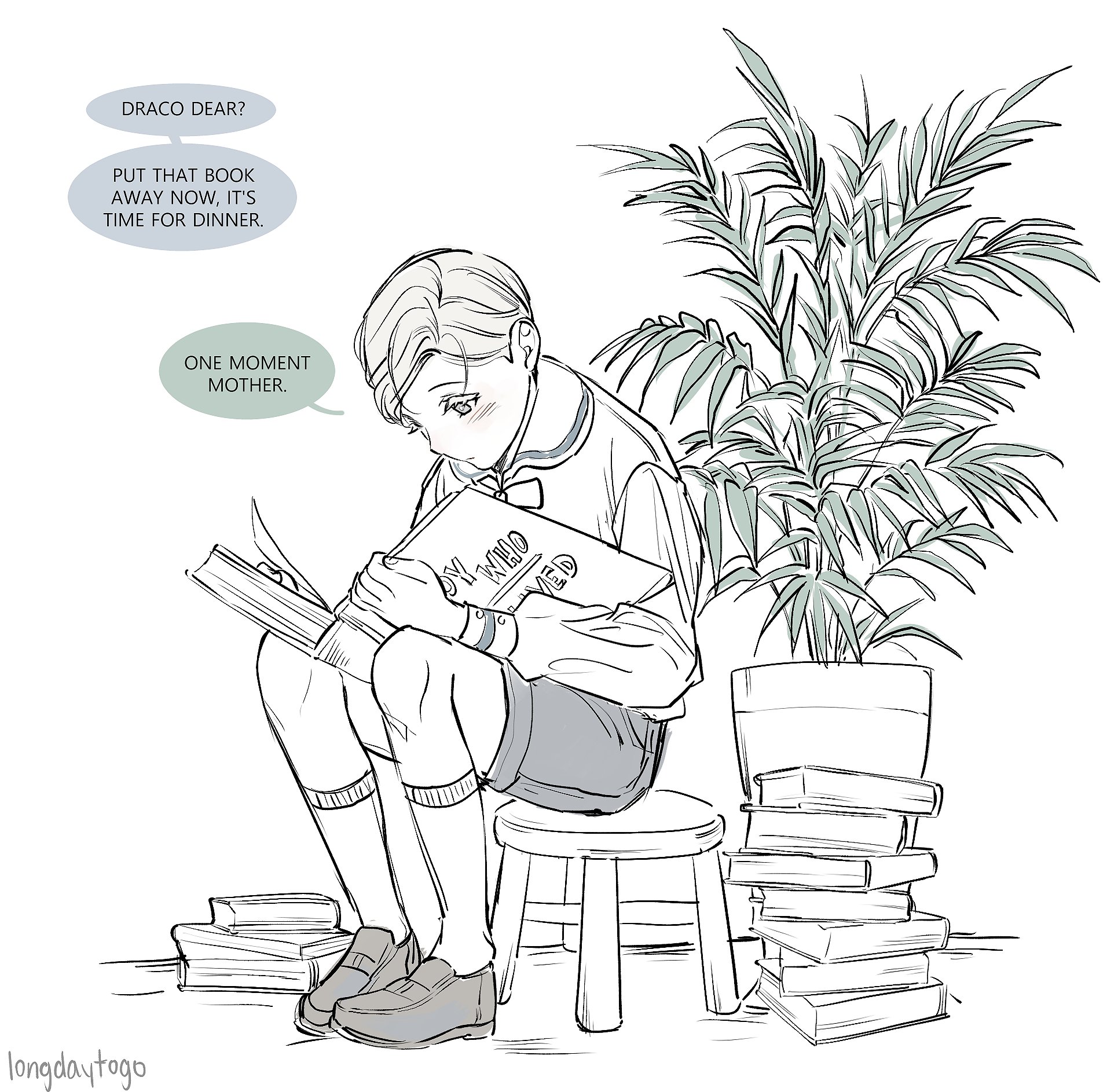 the image is a black and white/grey illustration depicting a young draco malfoy, seemingly from the harry potter universe, seated on a small stool engrossed in a book titled "sly who lived".  a potted palm plant sits beside him, and a stack of books is on the floor near his feet. text bubbles indicate a conversation with his mother, who is asking him to put the book away for dinner. the art style is soft and slightly whimsical, with delicate linework.