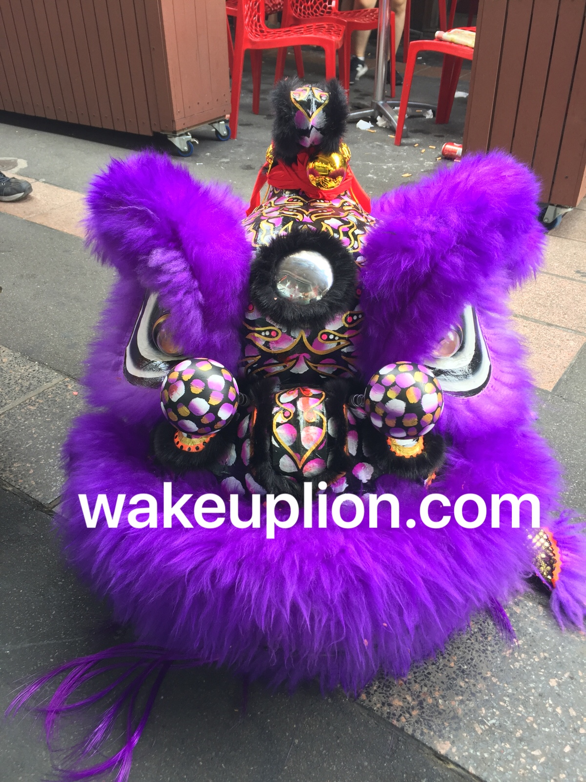 a purple lion dance costume with black and white details sits on a paved surface outdoors. the costume is furry and has a large head with big eyes and a small body. there is a red and gold decoration on the top of the head. the words "wakeuplion.com" are superimposed on the image in white letters.