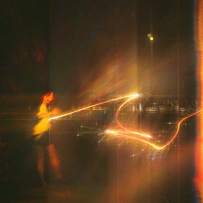 a young girl with short, dark hair is playing with sparklers at night. the long exposure of the image captures the movement of the sparklers as streaks of light, creating a sense of energy and joy. the girl is silhouetted against the bright lights, her features obscured by the darkness. the background is a dark cityscape, with twinkling lights in the distance. the overall mood of the image is one of wonder and excitement.