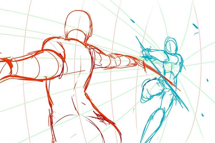 this image is a dynamic sketch of two figures in action. the figure on the left is drawn in red and is in a pose of reaching forward with its right arm extended, as if about to grab something. the figure on the right is drawn in blue and is in a more dynamic pose, with its right leg raised and its left arm raised as if holding a weapon. the drawing is done on a gridded background, which helps to create a sense of depth and perspective.  the drawing is very expressive, with a strong sense of energy and movement.  this image is likely a preliminary sketch for a more developed illustration or animation.