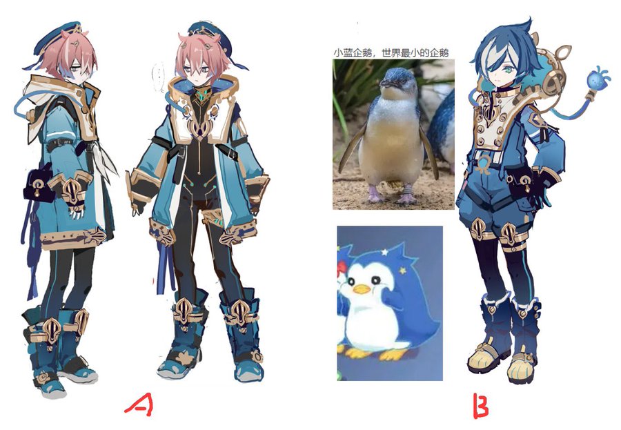the image is a concept art for an anime character design. there are two character designs labeled "a" and "b". both characters are wearing blue and gold costumes and have a penguin theme. design "a" is a boy with pink hair and a blue coat with gold trim. design "b" is a boy with blue hair and a blue and gold costume with a penguinlike headpiece. the image also includes two pictures of penguins, one real and one cartoon. the real penguin is labeled with a caption in chinese that reads "small penguin, the smallest penguin in the world." the caption under the image is "small penguin, the world's smallest penguin."