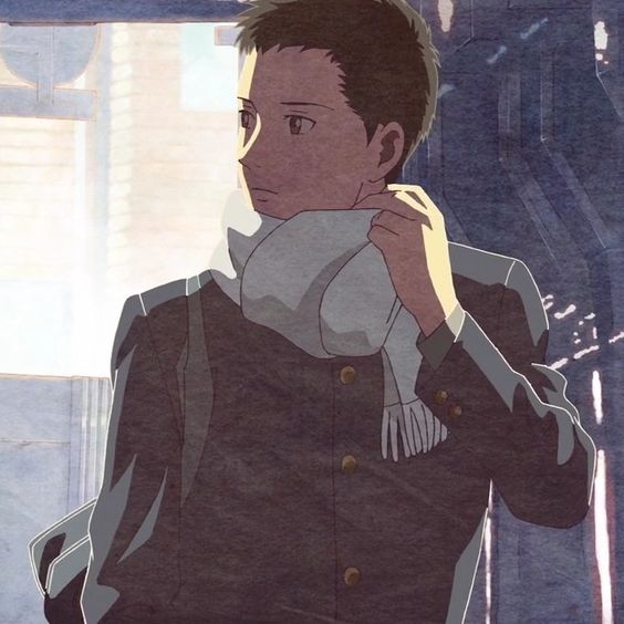 the image shows a young man, likely a japanese student, standing on what appears to be a train. he is seen in profile, facing left, and is adjusting a white scarf around his neck. he wears a dark school uniform with the top buttons undone. sunlight streams in from the window behind him, casting a soft backlight and highlighting the delicate, almost watercolorlike style of the art. his expression is serene yet slightly melancholic, hinting at a contemplative mood.