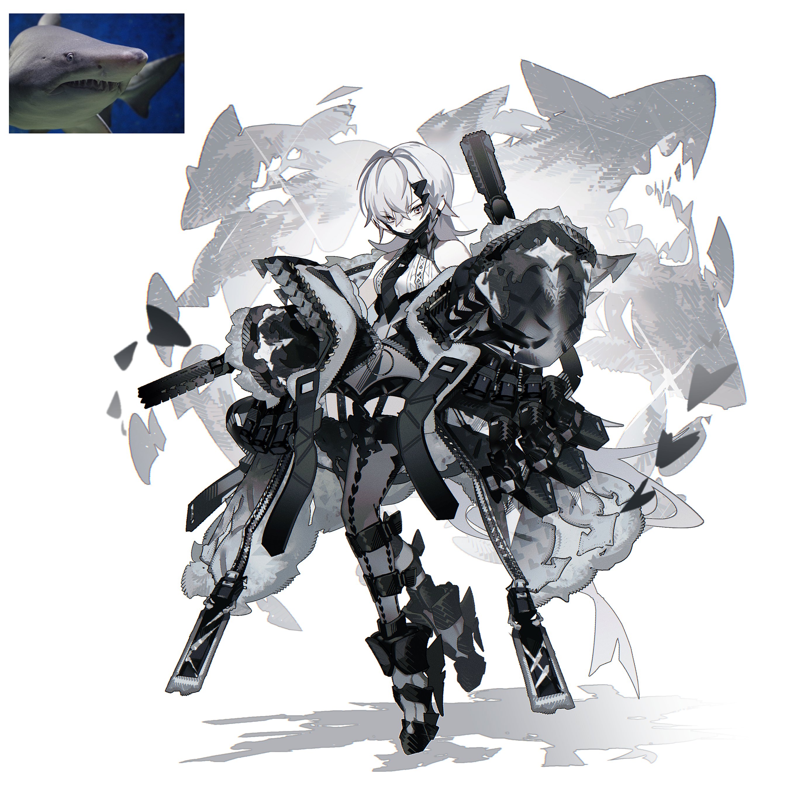 the image shows a female anime character with white hair and black and white attire. she is wearing a revealing outfit with armorlike elements, including large, clawlike gauntlets. she is holding weapons that resemble shark jaws. the character is surrounded by stylized depictions of sharks and shark jaws, suggesting a shark theme. the overall style is futuristic and actionoriented.