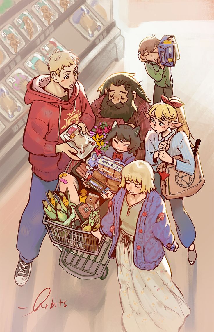 the illustration shows a group of diverse fantasy characters in a supermarket, shopping together. the characters are drawn in a colorful, whimsical anime style and seem to be having a fun time. they have various features and clothing, such as elf ears, cat ears, hoodies, and cardigans. the setting is a supermarket aisle with goods and a shopping cart containing vegetables and hot dogs.