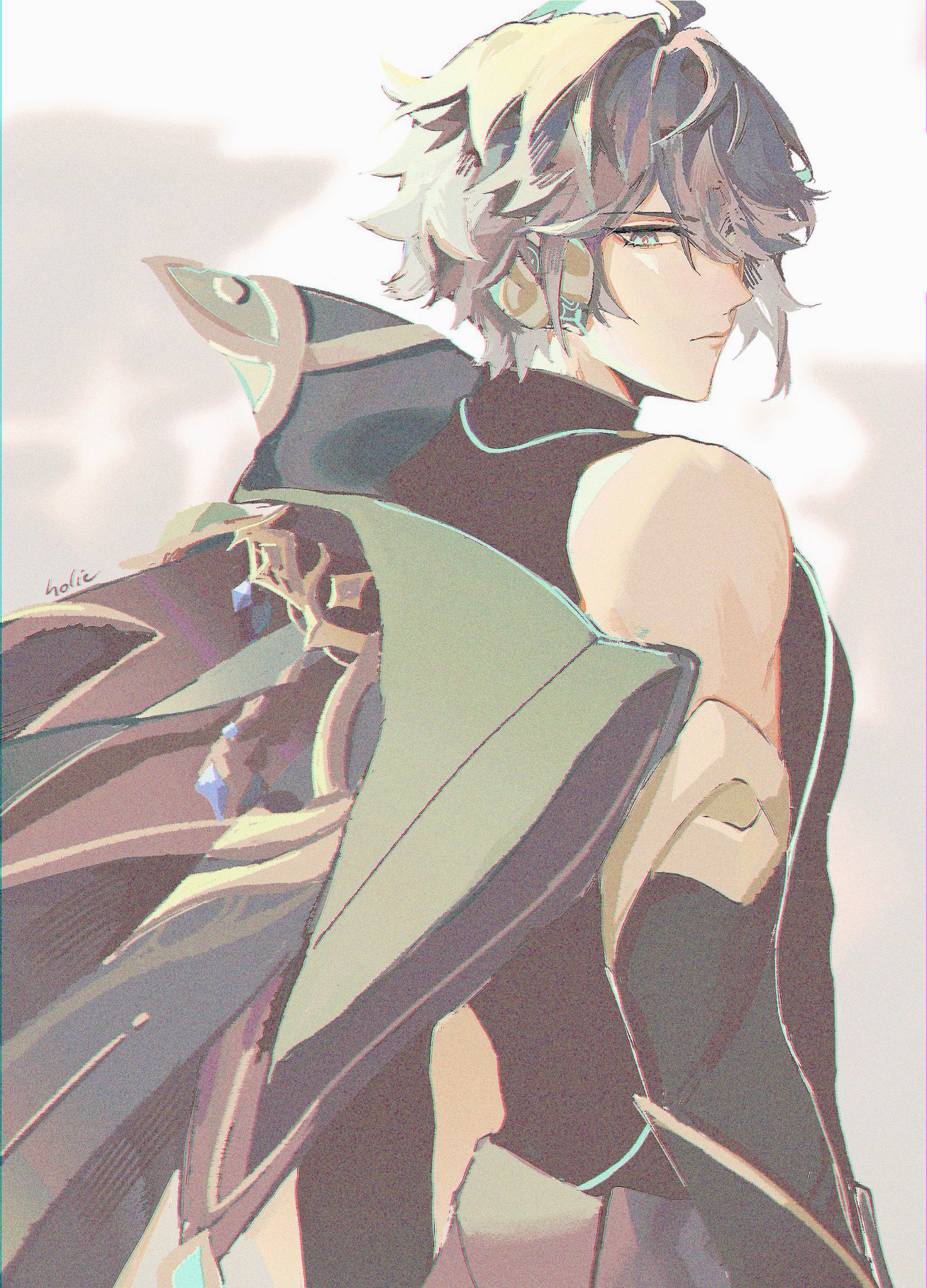 the image shows an animestyle illustration of alhaitham from genshin impact. he is depicted from a side and back view, with short, spiky hair, and wearing dark clothing. an earring is visible on his ear. the artwork is likely fan art or an official illustration.