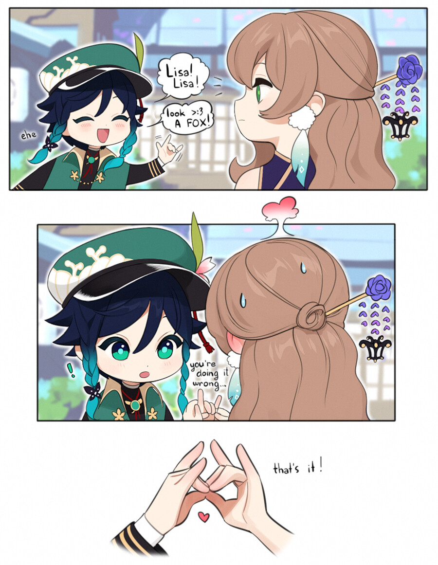 the image is a threepanel comic featuring characters xiao and lisa from genshin impact in an affectionate scene. in the first panel, xiao excitedly points out a fox to lisa, who looks unimpressed. the second panel shows xiao adjusting lisa's hair ornament, instructing her on the proper way to wear it. the final panel focuses on their hands forming a heart shape with their fingers, symbolizing their connection. the art style is reminiscent of manga, with bright colors and expressive characters.