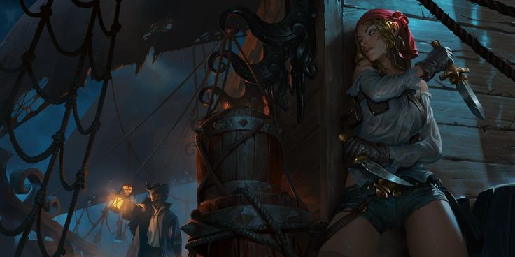 an image shows a woman pirate on a ship holding two daggers. she is leaning against a wooden wall. a man is holding a lantern behind a wooden barrel in the background.
