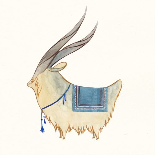 a watercolor painting of a white goat with long, slender horns and a blue saddle. the saddle has tassels.