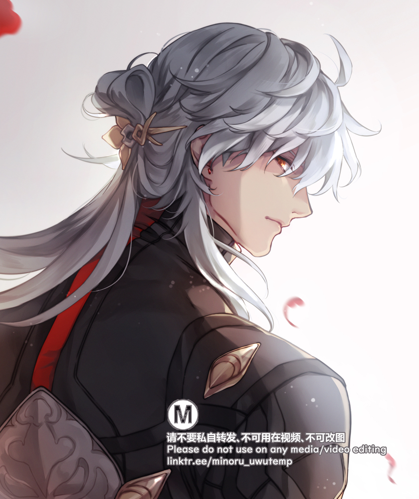 a man with long white hair tied in a ponytail with a red ribbon, wearing a black outfit with a gold accent and a red scarf, looks away from the camera. red petals fall around him. the background is white.
