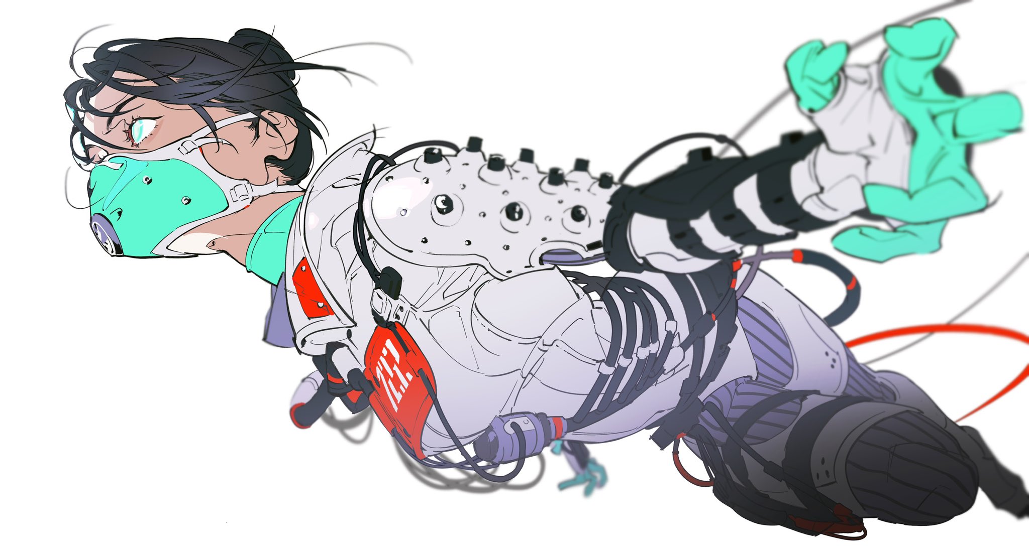 a dynamic illustration featuring a female character in midair, likely a cyborg. she is adorned with intricate mechanical enhancements, wires, and a distinctive green mask. the artwork boasts a cyberpunk aesthetic with a predominantly white, gray, and black color palette, accented by pops of red and teal. the style is reminiscent of concept art, potentially for a video game or animation.  the perspective is from a low angle, emphasizing the character's motion.