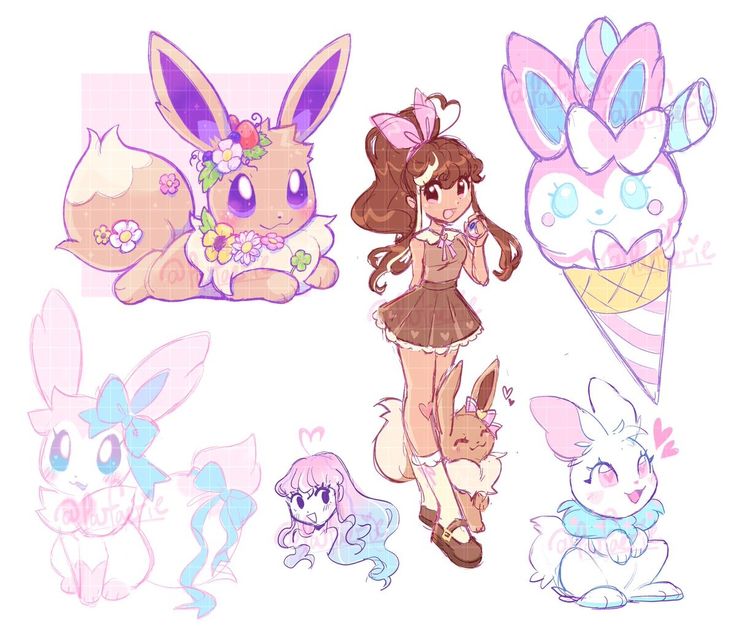 he image contains several cute and pastelcolored drawings, appearing to be fanart.  the drawings include various pokémon characters (eevee, sylveon, possibly a glaceon variation),  a cute animestyle girl, and some bunnylike creatures.  the style is whimsical and features soft lines, light colors, and decorative elements like flower crowns and ribbons. the overall aesthetic is very kawaii and sweet, reminiscent of anime and manga styles.  the drawings are not finished pieces, but rather sketches or quick illustrations.