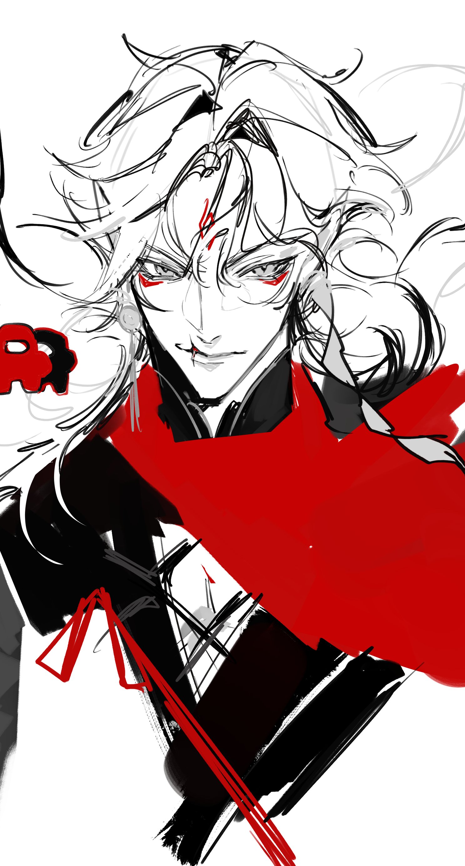 this is a digital illustration of a young male character, drawn in an anime style. he has long white hair that falls around his shoulders. he has dark eyes and a scar over his right eye, giving him a fierce look.  he wears a red scarf that is loosely tied around his neck. he is wearing dark, stylish clothing that appears to be a traditional outfit. the drawing is very detailed with a painterly effect. the image has a dramatic and mysterious feel, suggesting the character may be from a fantasy or supernatural world.
