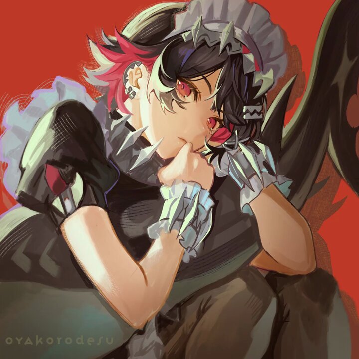 this anime illustration depicts a girl with black hair styled in a spiky and sharp fashion. her eyes are a striking red, and her outfit is a black maid dress with a white collar, accompanied by black gloves adorned with white lace.  she has sharp black fingernails, and her dress is detailed with a sharp black trim, making her appear somewhat demonic or gothinspired. the background is a vibrant red, complementing the black and white colors of the character. this illustration is drawn in a distinct anime style, characterized by large eyes, expressive features, and dramatic styling.