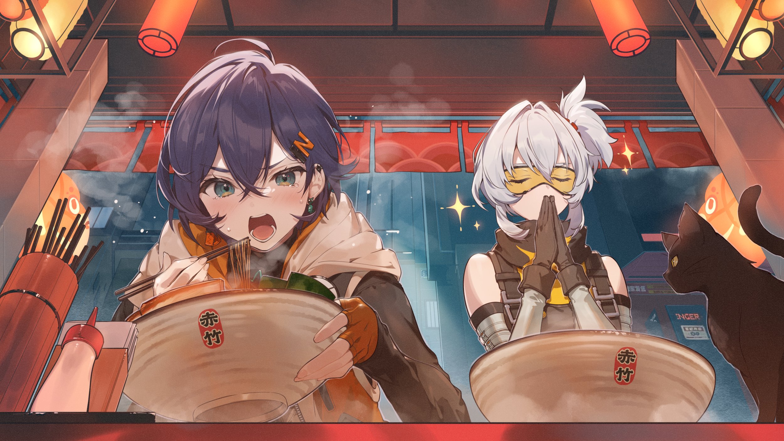 the image is a vibrant digital illustration in an anime style, depicting two anime girls enjoying a steaming bowl of ramen at a bustling night market food stall.  one girl has purple hair and is excitedly eating her noodles.  the other girl, with white hair and goggles, is seated with her hands pressed together in a gesture of thanks or appreciation. a black cat sits quietly in the background, observing the scene. the setting is atmospheric and detailed, filled with warm lighting from red lanterns and the steam rising from the bowls of ramen. the overall mood is cheerful and inviting.