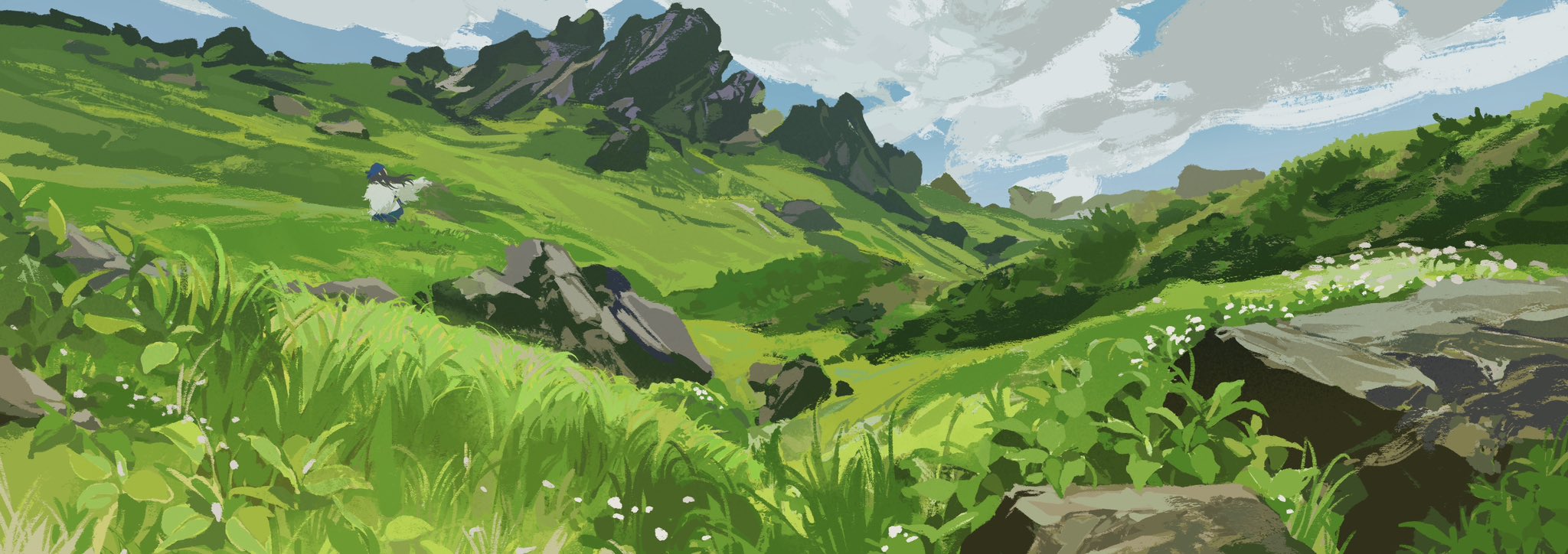 the image is an animestyle illustration of a lush green valley surrounded by mountains. the valley is covered in vibrant green grass and dotted with large, gray rocks. a path winds its way through the center of the valley, leading towards the distant mountains. the mountains themselves are tall and imposing, with jagged peaks that reach up towards the sky. white clouds drift lazily across the blue sky, casting soft shadows on the landscape. in the foreground, a lone figure can be seen walking along the path. the overall impression is one of peace, tranquility, and natural beauty.