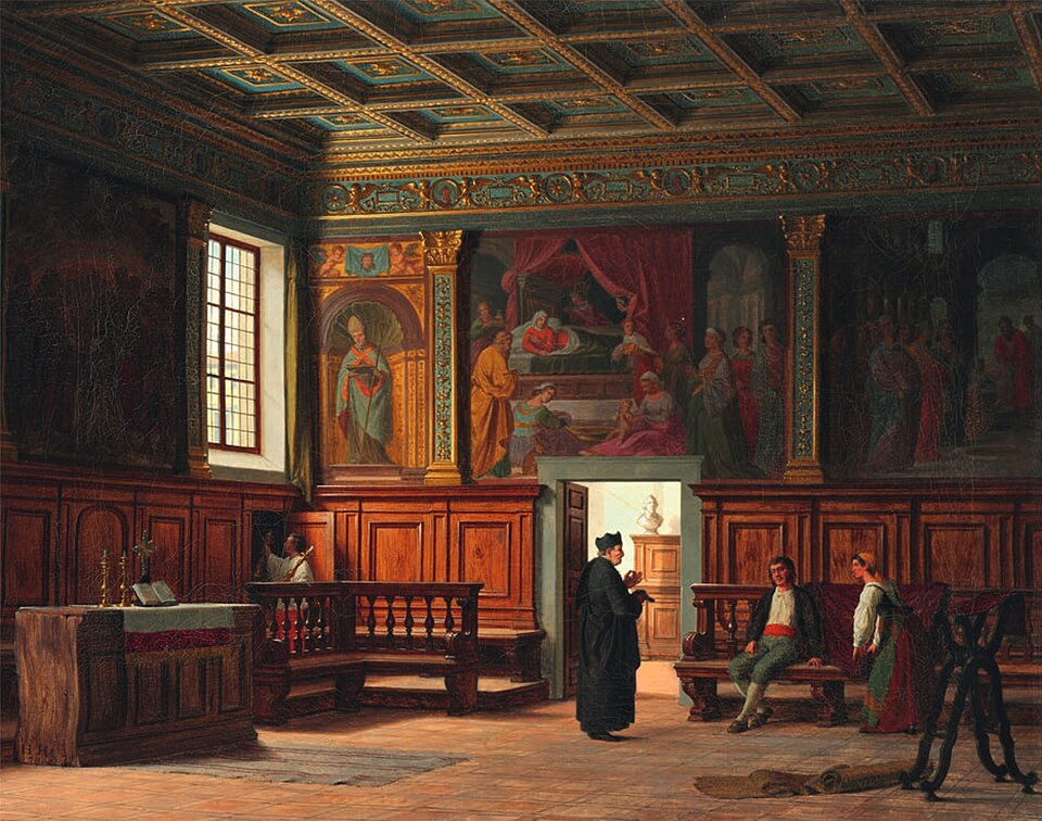the image is an interior scene, appearing to be a painting of a church or religious hall. the room is elaborately decorated with murals, religious paintings, and ornate architectural details. several figures are present, including a priest in black robes speaking to a man seated on a bench, while a woman stands nearby. the room features a window providing natural light, an altar with religious artifacts, and benches for seating. the style suggests a renaissance or baroque aesthetic.