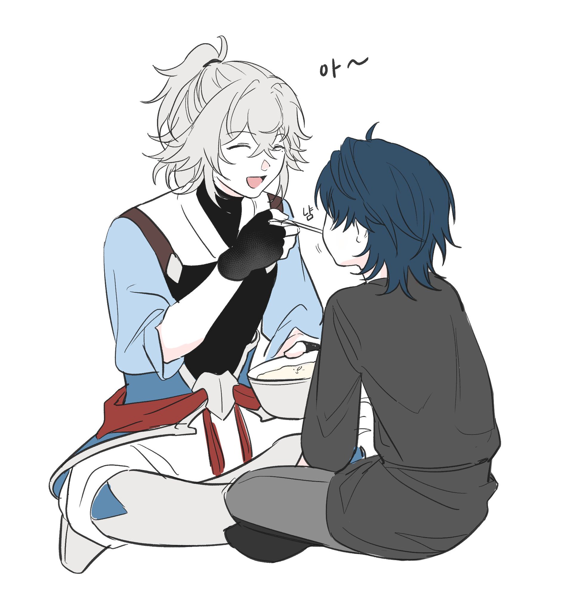the image is a digital drawing of two anime boys. one is feeding the other with a spoon, and they are both smiling. the boy being fed is wearing a black shirt and the boy feeding him is wearing a blue and white shirt. they are sitting on a white background. there is a speech bubble above the boy being fed with a korean word written in it, "ah ~". there is another smaller speech bubble next to the spoon with a korean word written in it. the drawing style is very simple and clean.  the overall vibe of the image is very cute and happy.  it looks like the boys are very close friends and enjoying each other's company.