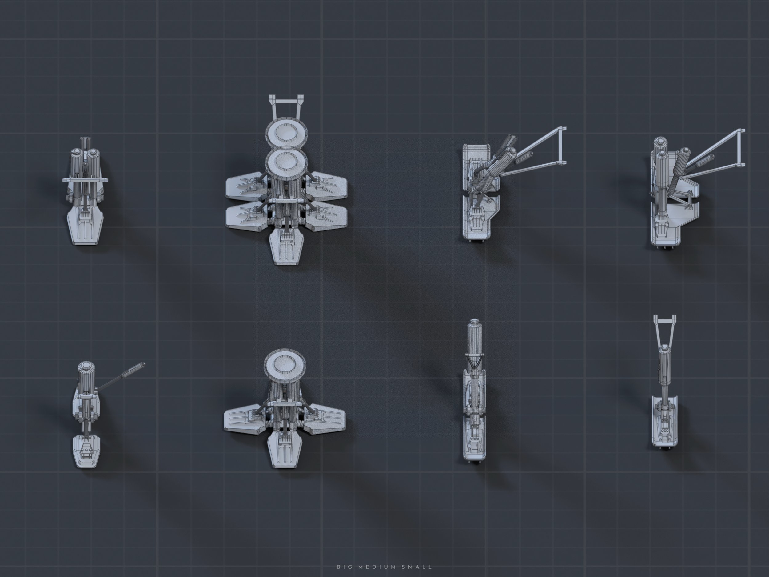 this image shows a 3d wireframe rendering of a mechanical device, possibly a turret or weapon system, in various sizes and configurations.  the models are presented from a topdown perspective against a dark gray grid background.  the different sizes are labelled "big, medium, small" at the bottom.  the models are detailed, showing various components and mechanical elements. the wireframe style allows for easy visualization of the structure and design.