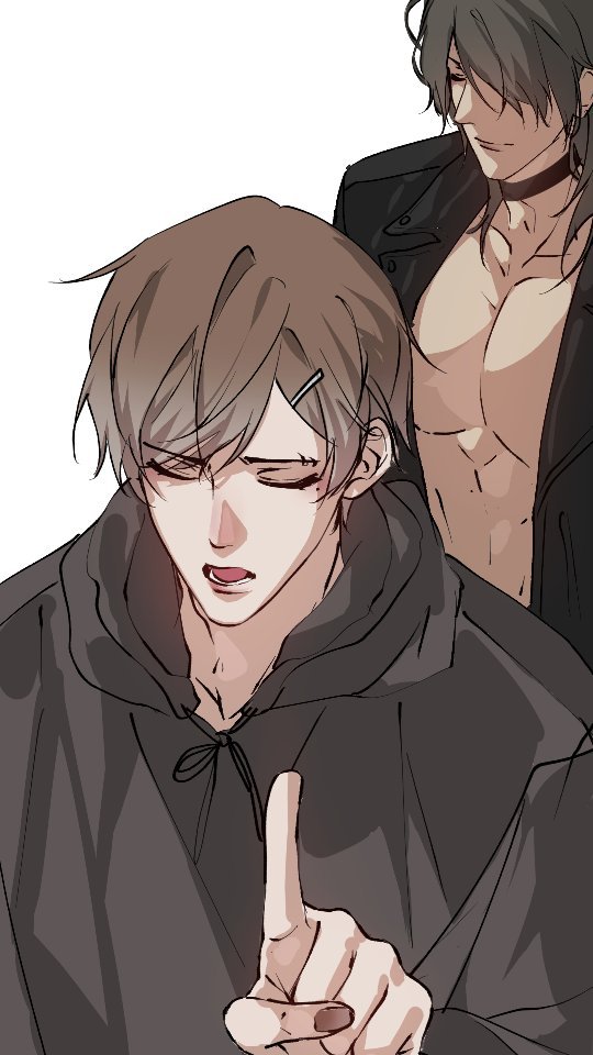he image shows a closeup illustration of two animestyle men. the man in the foreground is wearing a dark grey hoodie, and he is pointing with his index finger.  he has brown hair and appears to be concerned or worried, as his expression is serious and his eyes are slightly closed.  the man behind him is shirtless, wearing a black leather jacket, and has long, dark hair.  his expression is somewhat stoic. the background is plain white. the overall style is somewhat dark and moody.