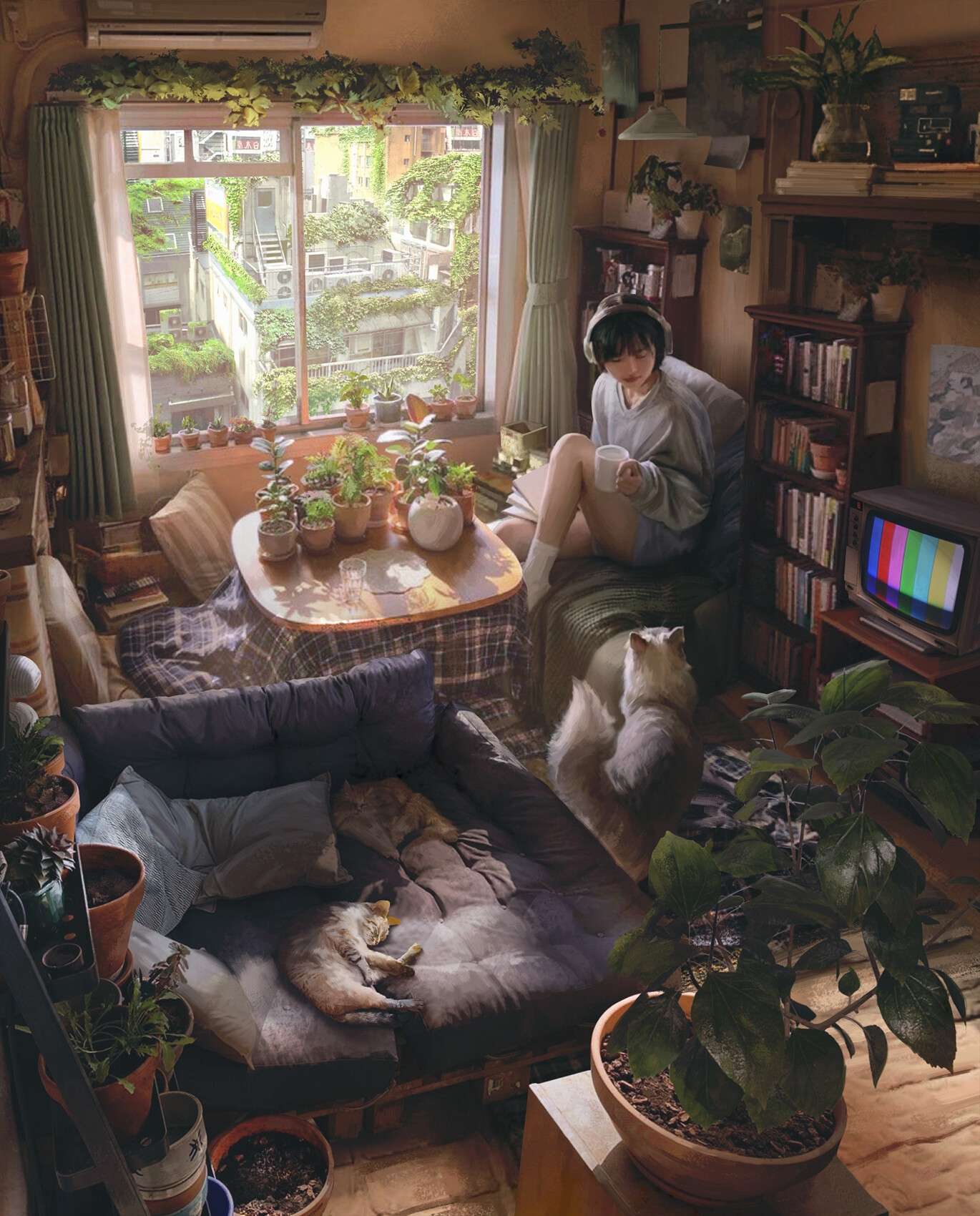 the image showcases a cozy, plantfilled apartment room from a high angle. a young woman sits by the window, bathed in soft, natural light, engrossed in her reading. two cats lounge comfortably on a futon in the foreground. the room is decorated with an abundance of potted plants, creating a sense of tranquility and connection to nature despite the urban setting visible through the window. the overall atmosphere is one of peace and quiet contentment.