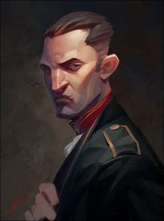 the image is a stylized digital painting or illustration of a man's portrait. he appears to be a military officer or someone in a position of authority, judging by his dark, formal uniform which features a distinctive red collar and gold epaulets. the man has dark hair combed back neatly, and his expression is serious and intense, bordering on stern. the style is somewhat painterly and uses a lot of shadow and contrast to define the features and create depth.  the background is dark and indistinct, focusing attention on the figure. the overall mood is somber and slightly mysterious.