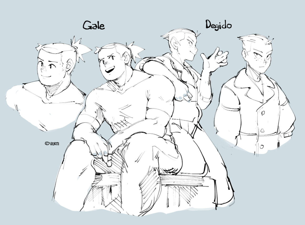 a simple pencil sketch of three male characters, two of whom are labeled "gale" and "degido." the characters are drawn in a simple anime/manga style and are all shown from the waist up. "gale" is the most detailed character and is drawn in the center of the image. he is sitting on a crate and appears to be muscular. the other two characters are more simplified. "degido" is depicted as a skinny, tall man with a coat. the unnamed character is a stocky man with a bowl cut.  the image is created digitally and shows a light outline sketch of these characters.