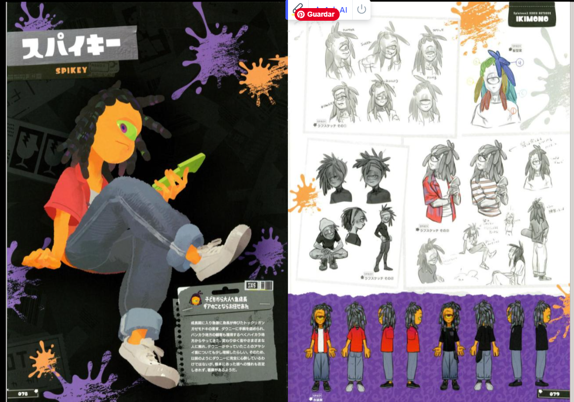 this image showcases concept art for the character "spikey" from what appears to be a video game, anime, or manga. the left side features a fullcolor illustration of spikey holding a smartphone. he has a stylized design with exaggerated features, orange skin, and a large afro. the right side includes various sketches of spikey exploring different angles, poses, and expressions, along with notes written in japanese. the overall style is cartoonish and energetic, hinting at a vibrant and dynamic source material.