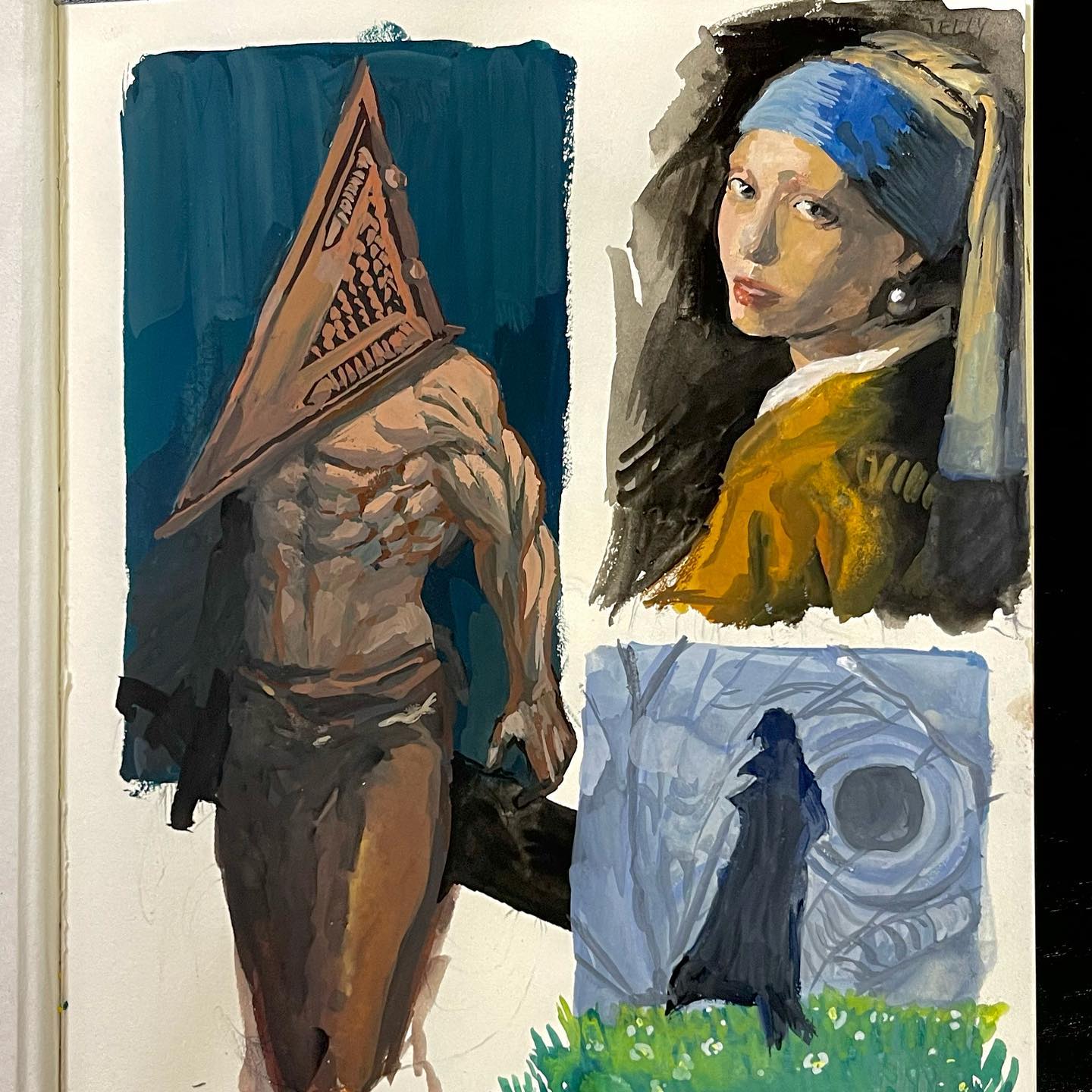the image is a collage of three paintings. on the left is a painting of pyramid head, a character from the video game silent hill. pyramid head is depicted as a muscular, humanoid figure wearing a large, triangular helmet. the painting is done in a dark and eerie style. in the center is a painting of a woman with a pearl earring, a famous painting by johannes vermeer. the woman is depicted as looking away from the viewer, with a thoughtful expression on her face. the painting is done in a realistic style.on the right is an abstract painting of a landscape. the painting features a figure standing in a forest, surrounded by trees. the painting is done in a surreal style, with a whimsical and dreamy quality. all three paintings are painted with bold, expressive brushstrokes. the colors are vibrant and eyecatching. the overall effect of the collage is one of strangeness and intrigue, with the juxtaposition of the different styles creating a sense of mystery.