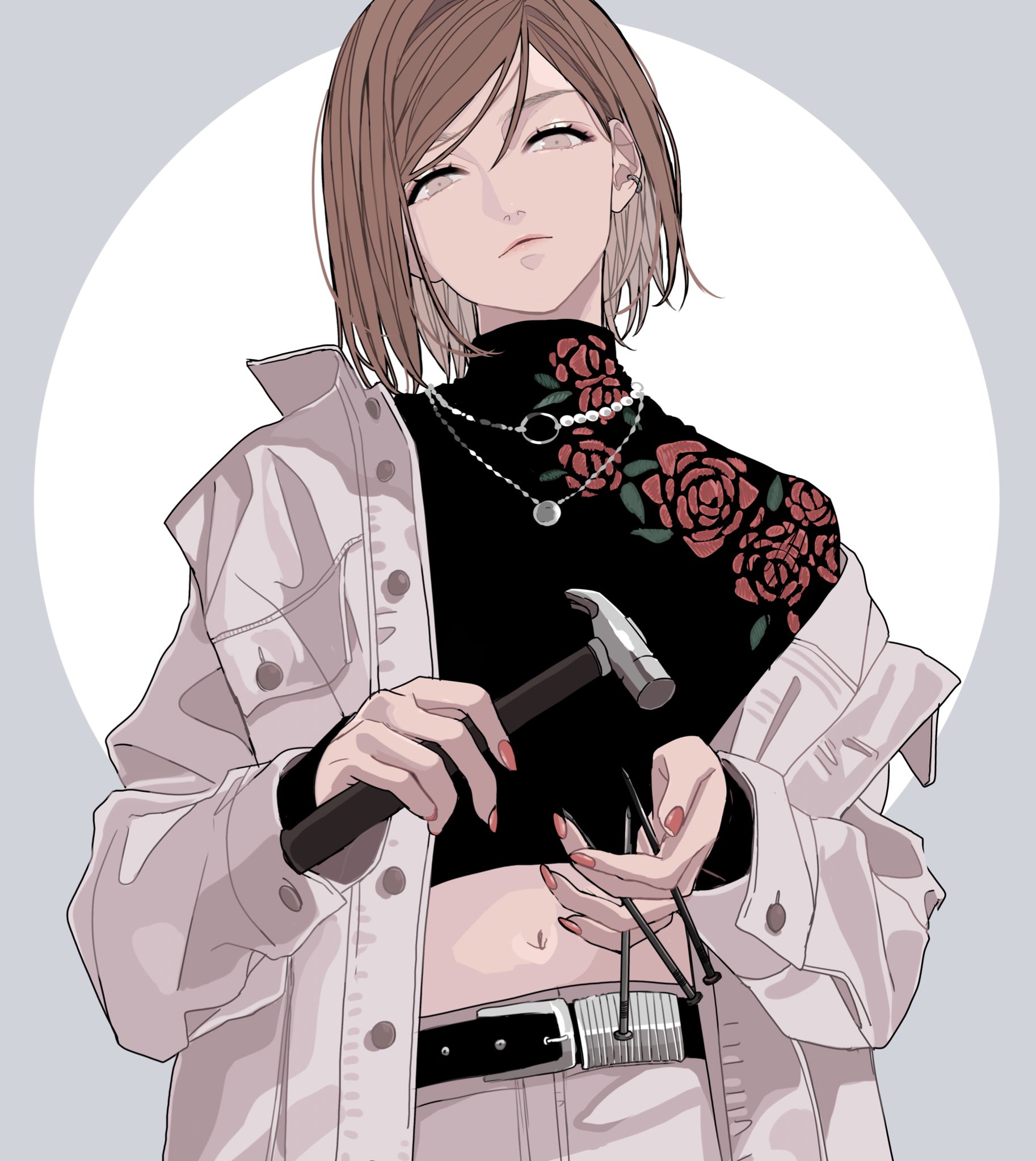 an animestyle illustration of a woman with short hair holding a hammer and nails. she wears a black turtleneck top with a pattern of red roses on the shoulder, a white jacket, and a belt. she also wears jewelry and has earrings. her belly button is visible.