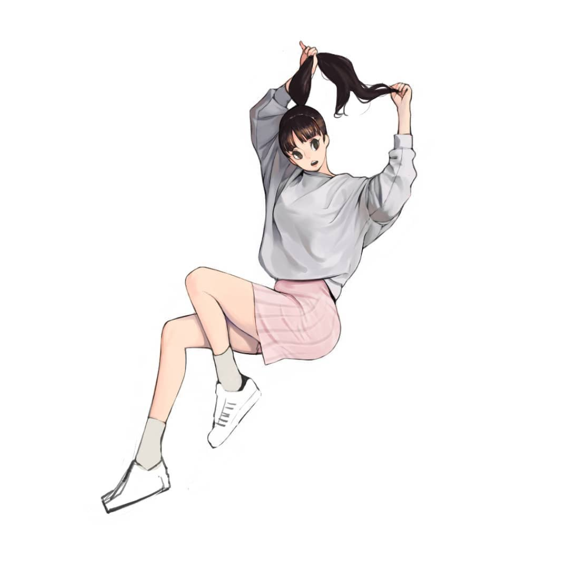 a young woman with long, dark hair tied in a ponytail is depicted in a dynamic pose against a white background. she is wearing a pale pink skirt and a loosefitting, longsleeved, pale grey sweatshirt. she has white socks and white sneakers. the image has a soft, illustrated quality and appears to be inspired by anime or manga styles.