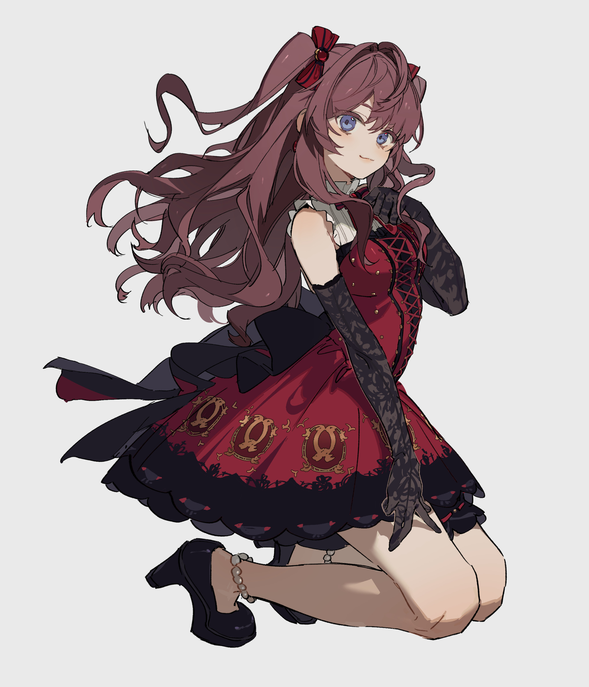 an animestyle drawing of a girl in a red dress with black lace gloves, black heels, and ribbons in her long, wavy hair, kneeling on a light background. she has blue eyes and fair skin, giving her a gothic lolita appearance.