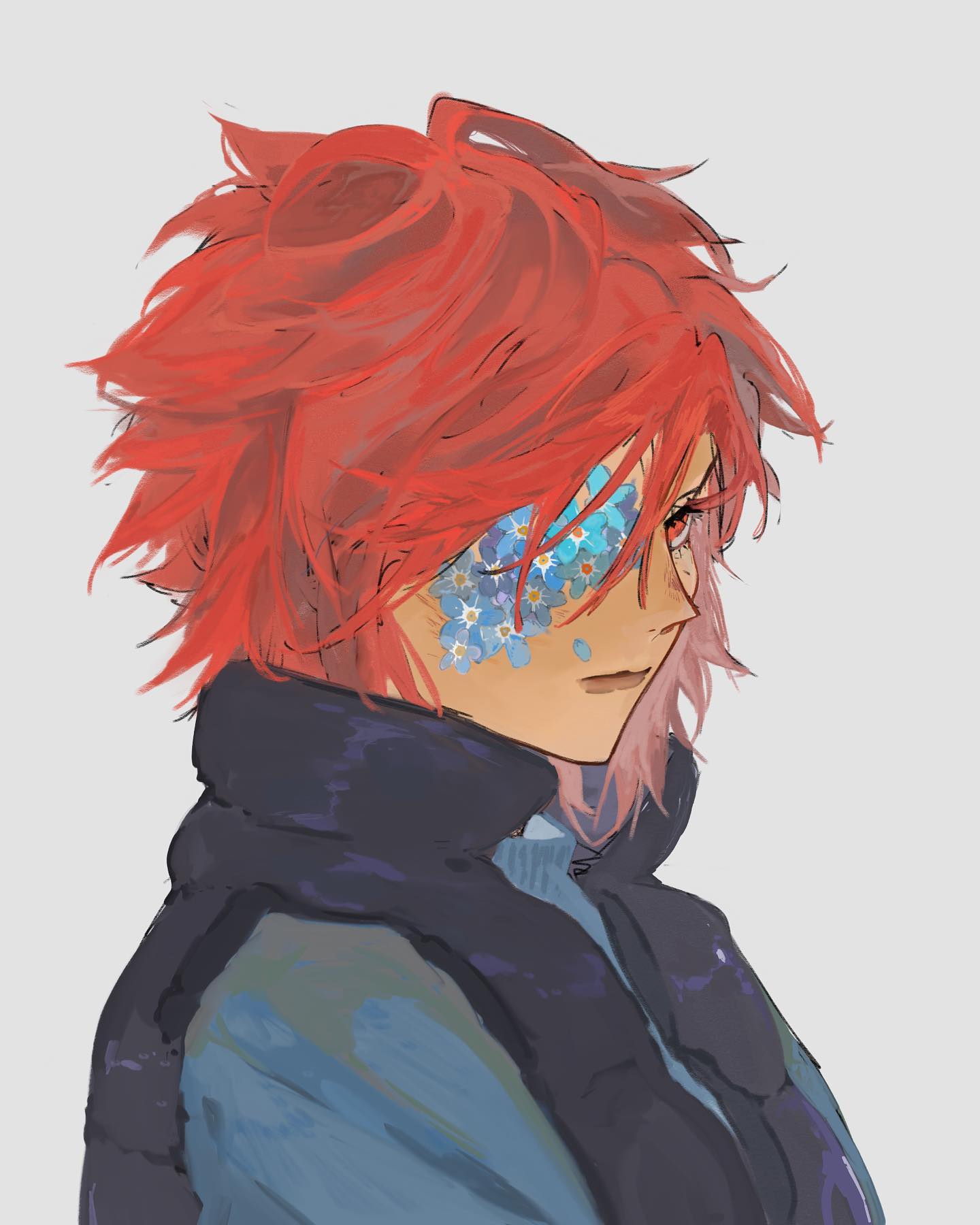 the image is a digital painting or illustration of an animestyle boy. he has vibrant red, slightly messy hair and is depicted from the side profile.  his most striking feature is a patch covering his left eye, adorned with blue forgetmenot flowers. he's wearing a darkcolored jacket or vest over a light blue shirt and appears to have a somewhat pensive or melancholic expression. the art style is soft and painterly, with muted colors and a slightly blurred quality giving it a dreamy feel.  the overall mood is somewhat wistful and melancholic.