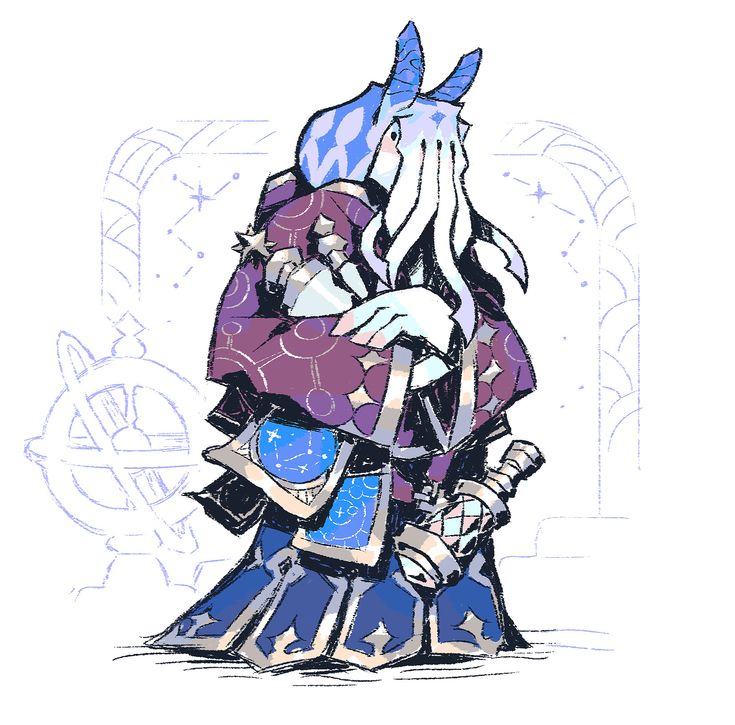 a handdrawn illustration of a creature in an anime style, with purple and blue clothing. the creature appears to be a wizard. it is holding a telescope and has a staff. in the background is a large celestial globe.