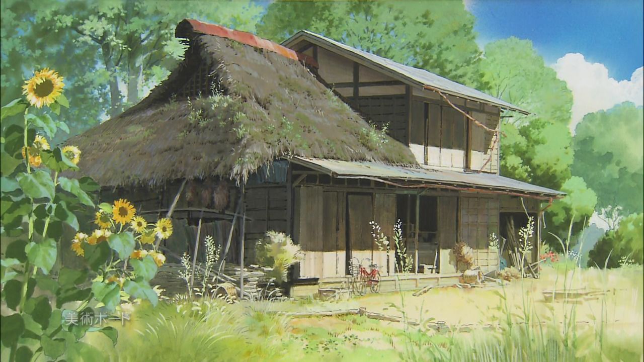 the image depicts an abandoned japanese farmhouse with a thatched roof. sunflowers grow vibrantly in the foreground, while the house itself shows signs of age and disrepair. overgrown grass and weeds surround the structure, and a red bicycle rests against the porch. the scene is bathed in warm sunlight, evoking a sense of tranquility and nostalgia.