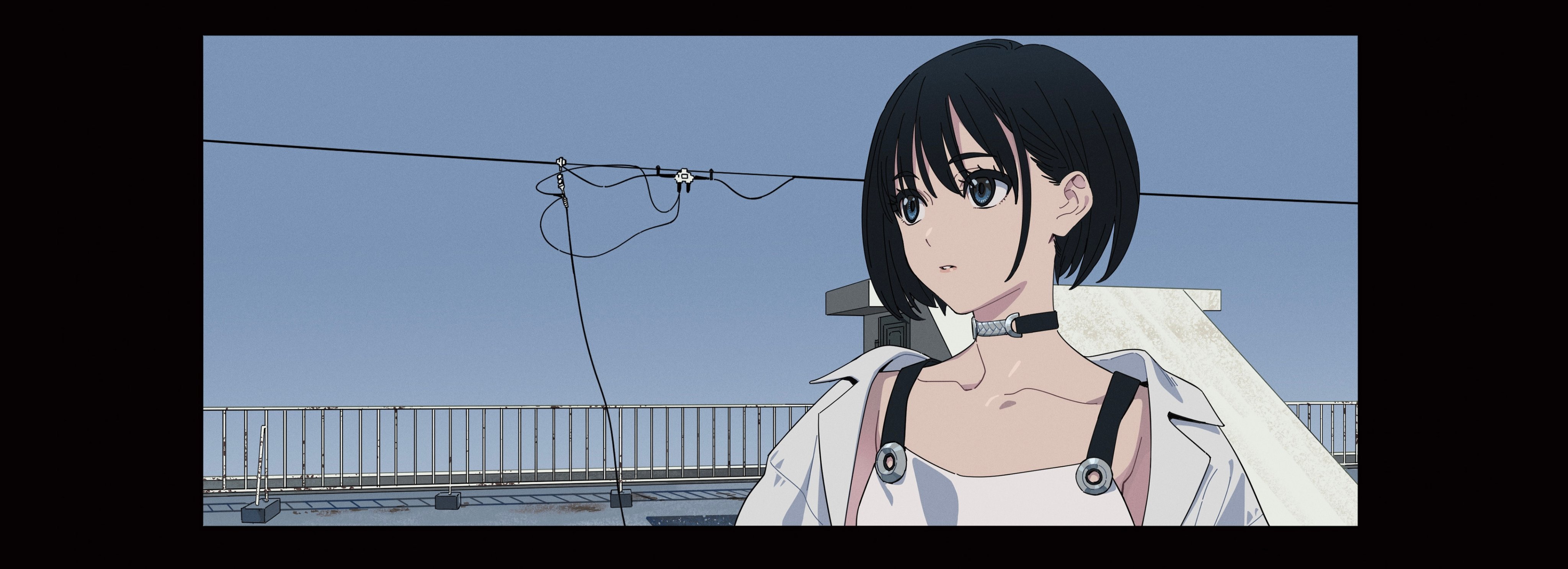 the image is a digital illustration of a young animestyle girl with short black hair. she is standing on a rooftop with a cityscape in the background. the girl is wearing a white shirt and a black choker. she is looking off into the distance with a pensive expression. the overall style of the artwork is minimalist and calming, with a focus on soft pastel colors.