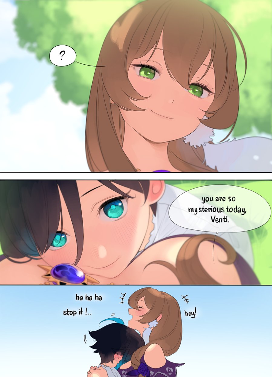 the comic shows three female characters in a lighthearted, possibly romantic scene. the top panel features a closeup of a brownhaired girl with a knowing smile, while the bottom panels depict another girl with dark blue hair teasingly holding a smaller brownhaired girl, who's blushing and laughing. the green background suggests an outdoor setting. the art style is characteristic of manga and the overall tone is playful and light.