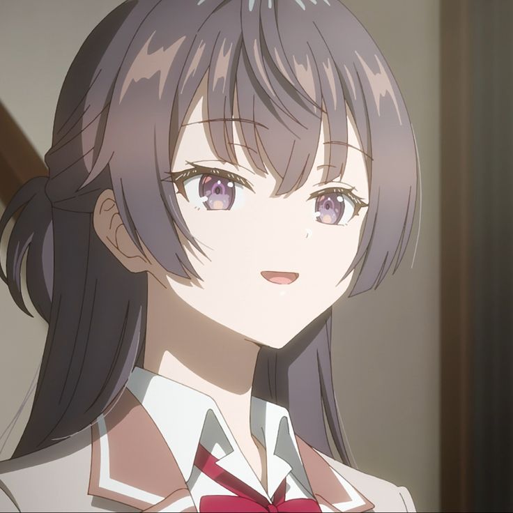 a closeup portrait of an anime girl with purple hair and eyes, wearing a school uniform. she is smiling happily, looking cheerful and upbeat. the image is drawn in a colorful style, with soft lighting and vibrant hues.
