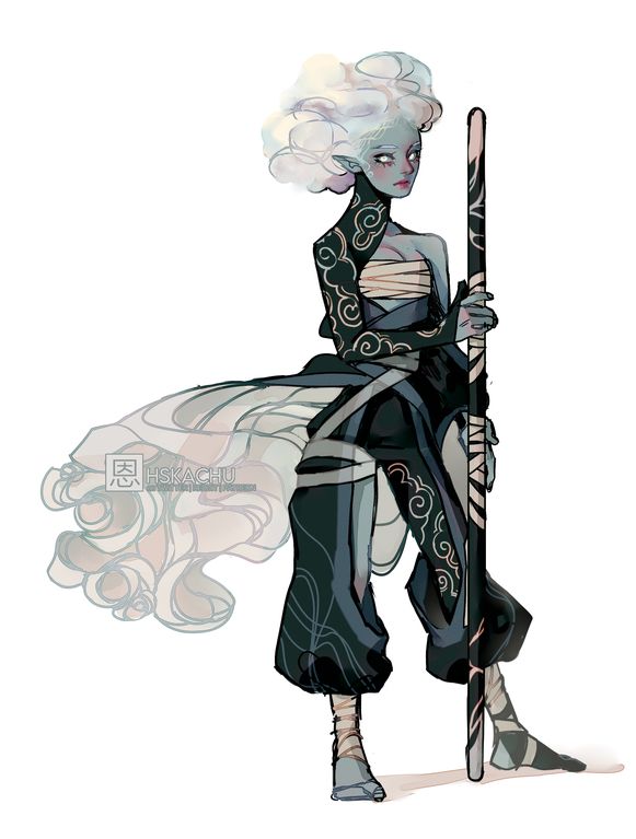 an illustration depicts a slender female character with blue skin and white, cloudlike hair. she is holding a staff adorned with intricate designs. her attire consists of dark, loosefitting pants and a wrapped bodice, with ornate tattoos on her arms. a large, billowing skirt with cloudlike patterns flows behind her. she is barefoot.