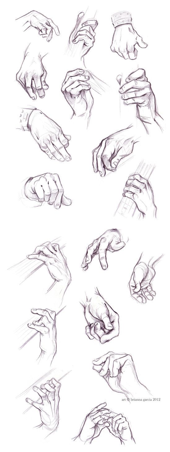 a drawing reference sheet featuring studies of hands in a variety of poses. the drawings are done in a loose, sketchy style using pencil on white paper.