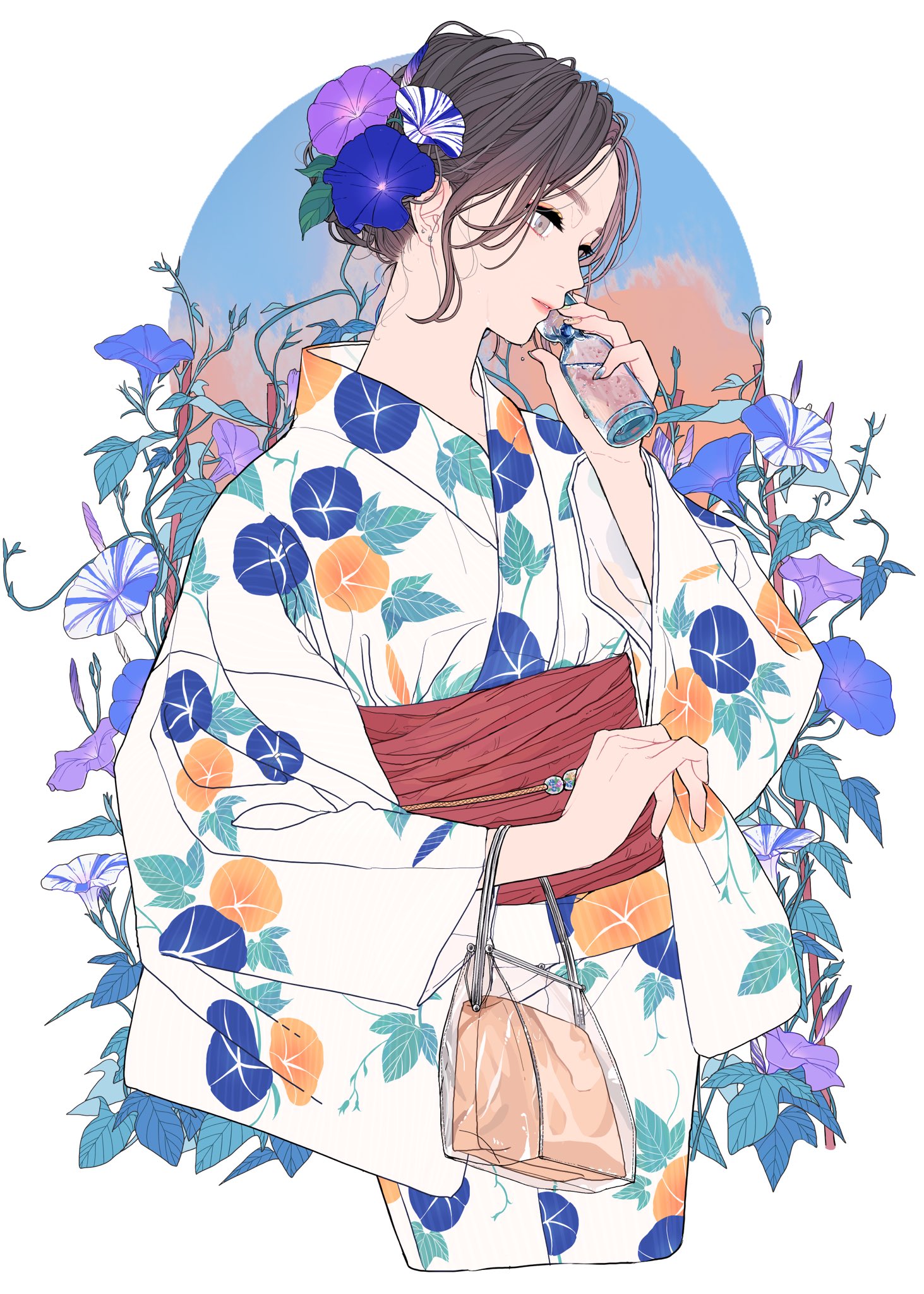 a digital anime style illustration depicts a young woman, positioned centrally, in a kimono of white with scattered orange and blue floral patterns. she holds a glass bottle or container near her mouth, suggesting she is drinking. the woman has brown hair styled up with blue and white flowers adorning it. she carries a transparent handbag. the background is a soft blend of blue and orange hues and is framed by blooming morning glory flowers. the overall image style is clean and elegant.