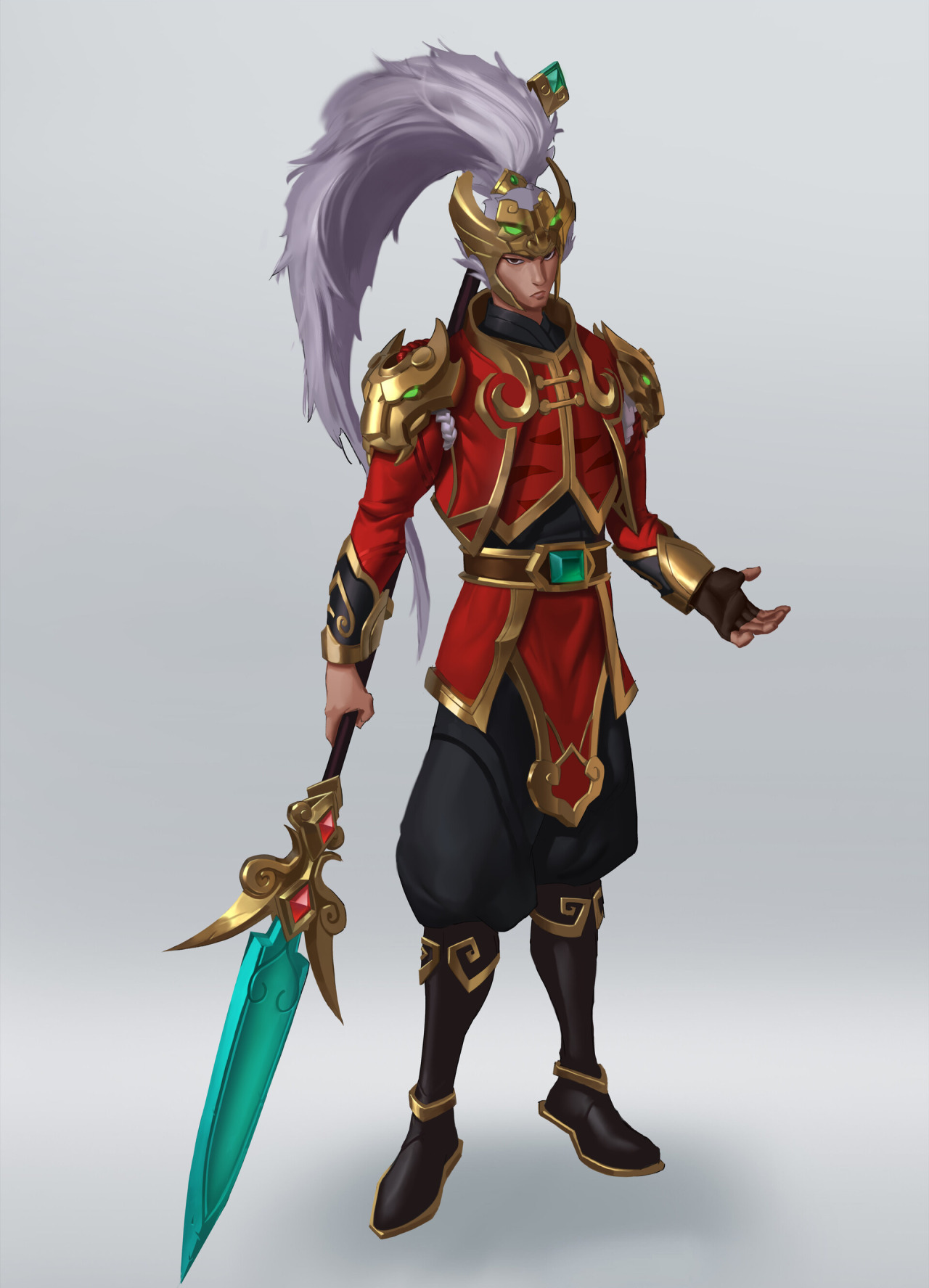 the image is a digital painting depicting a male fantasy character, possibly a warrior or general, heavily inspired by east asian, specifically chinese, aesthetics.  he's dressed in a rich red and gold outfit with elaborate detailing, including ornate armor and a traditionalstyle longsleeved robe.  a significant feature is his long, white hair styled in a high ponytail or topknot, with jadelike ornaments adorning his helmet and clothing.  he carries a large spear with a teal blade and golden embellishments, adding to his regal and powerful appearance. the character's pose suggests confidence and authority. the background is a simple, light gray, ensuring the character is the focal point.  the style is clean and polished, suggesting it's likely concept art for a game or other media.
