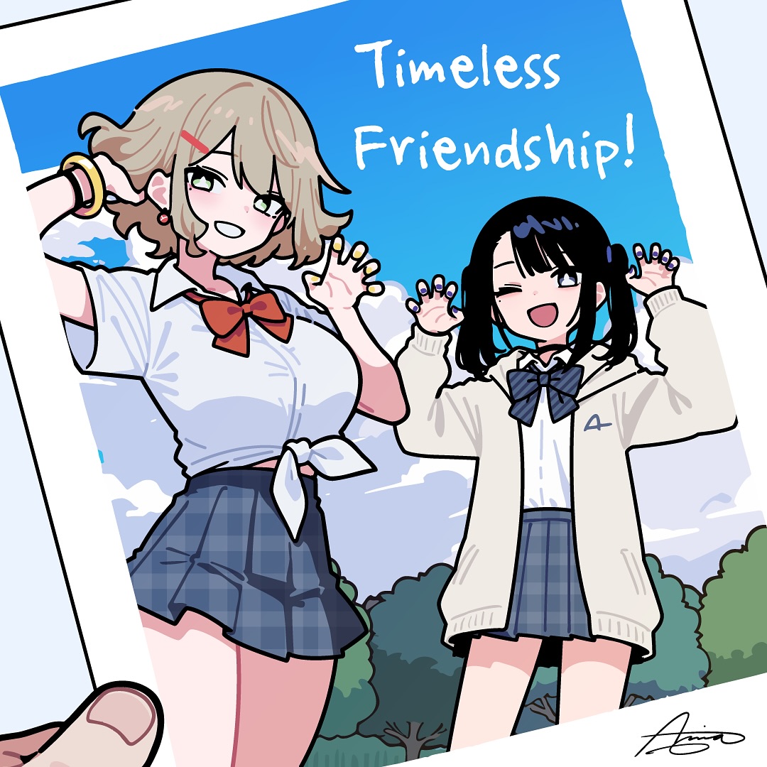 the image is a digital drawing or illustration in an anime/manga style. it depicts two cheerful schoolgirl friends posing for a photo. the taller girl has light brown hair, a white shirt with a red bow tie, and a blue and gray pleated skirt. the shorter girl has dark hair, a creamcolored cardigan over a white shirt with a dark blue bow tie, and a similar pleated skirt.  the photo is framed by a polaroidlike border and includes the text "timeless friendship!" in a playful font. the setting appears to be a sunny park. the overall style is cute and expressive, with pastel colors and exaggerated features typical of anime.  a hand is partially visible in the bottomleft corner, suggesting someone is holding the photo.