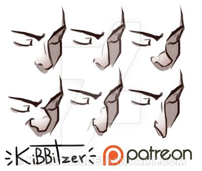 this image is a drawing tutorial for artists on how to draw different nose shapes and expressions from a side view. the drawing is done in black and white line art and shows six different faces with various nose shapes, eye shapes, and expressions.