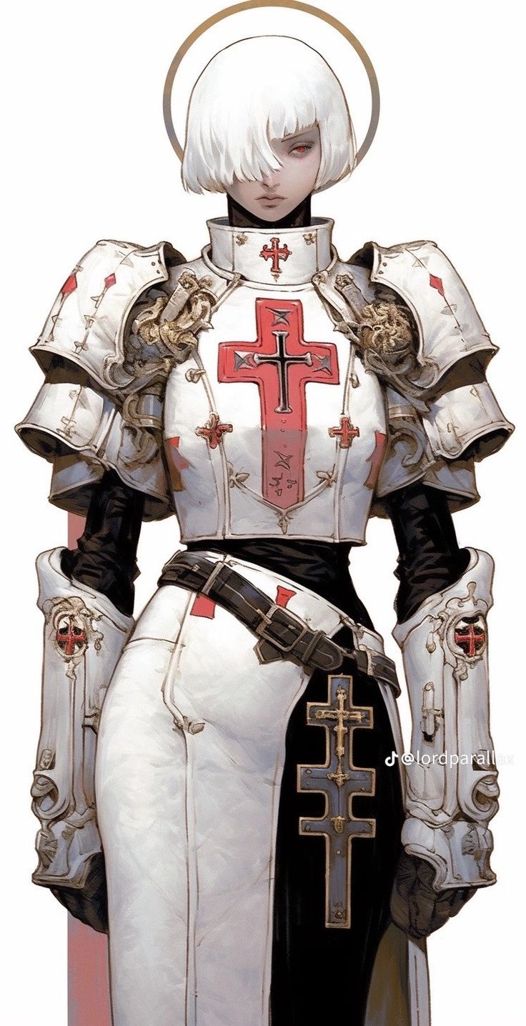 he image showcases a female knight, possibly a paladin or crusader, adorned in pristine white armor. the armor features intricate details and is embellished with red crosses, symbolizing religious affiliation. the knight has short, white hair and a serious expression. she is depicted from the midtorso up, with a halo subtly placed above her head. the style suggests digital painting and is of high artistic quality, suitable for concept art or character design in a fantasy game or similar setting.  the artist's watermark, "lordparall," is visible on the image.