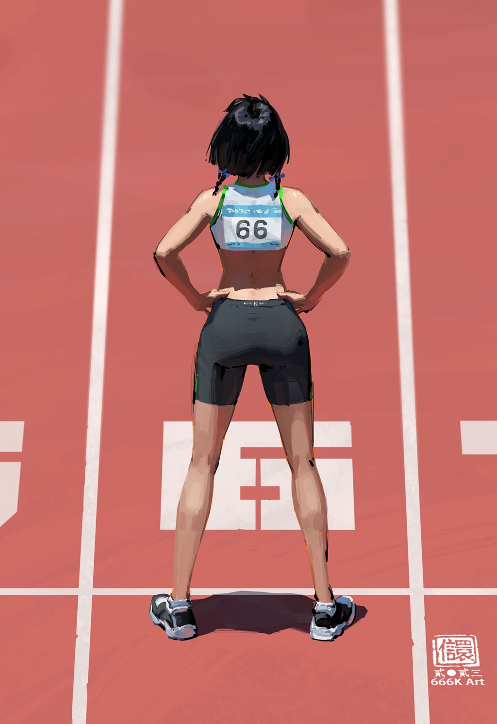 the image is a digital painting depicting a female athlete standing at the starting line of a running track. she is viewed from behind, and her race bib shows the number 66. the athlete is wearing a sports bra and athletic shorts. the setting is a sunny outdoor track. the overall style is clean, stylized, and slightly painterly. the focus is sharp on the athlete, with a subtle blur effect on the background.