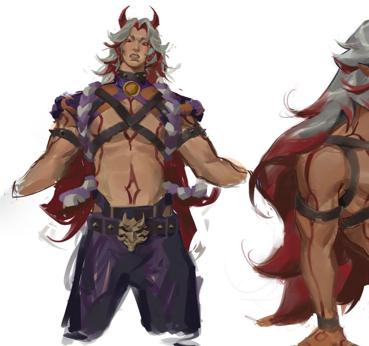 he image shows a digital painting of a male fantasy character.  the character has long, flowing red and white hair, horns, and a muscular build. he is shirtless, wearing purple pants, a belt with an oni mask buckle, and a red cape. cross straps are across his chest.  there are two depictions of the character, one more complete and detailed than a second, sketchier version showing mostly the back and upper body, suggesting this is concept art for a game or other visual media. the style is painterly and expressive, with loose brushstrokes giving it a dynamic feel. the overall aesthetic leans toward dark fantasy or possibly a japaneseinspired style.