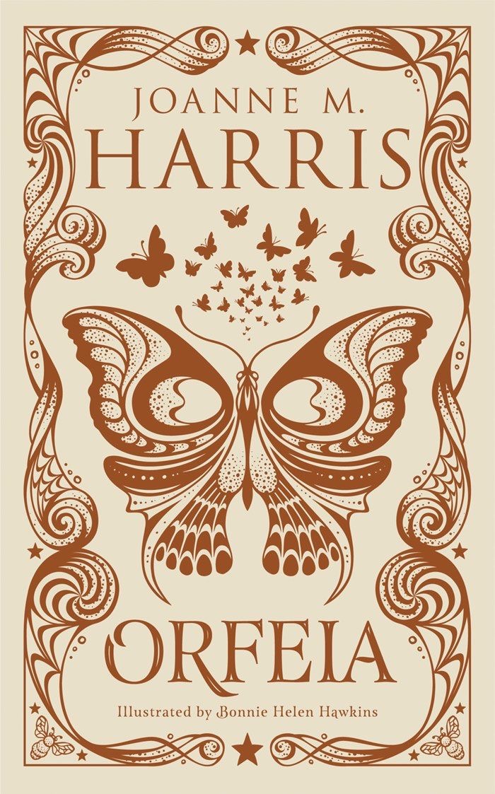 the image is a book cover with a whimsical design. the background is a light cream color with a large, ornate butterfly taking up most of the center of the image. the butterfly is drawn in a stylized, almost art nouveau style, with a lot of detail in the wings. there are many smaller butterflies scattered around the larger butterfly, some clustered near the center of the image and some spread out in the corners.  the book title, "orfeia", is written in a large, stylized font in the bottom center of the image.  the author's name, "joanne m. harris", is above the title, and the illustrator's name, "bonnie helen hawkins", is at the bottom of the image.  the entire image is surrounded by an ornate border of floral and geometric shapes. the colors are mostly brown and cream, giving the cover a vintage or antique feel.